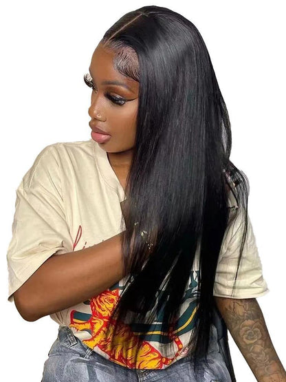 Black Medium Long Straight Hair Chemical Fiber T-shaped Front Lace Wig