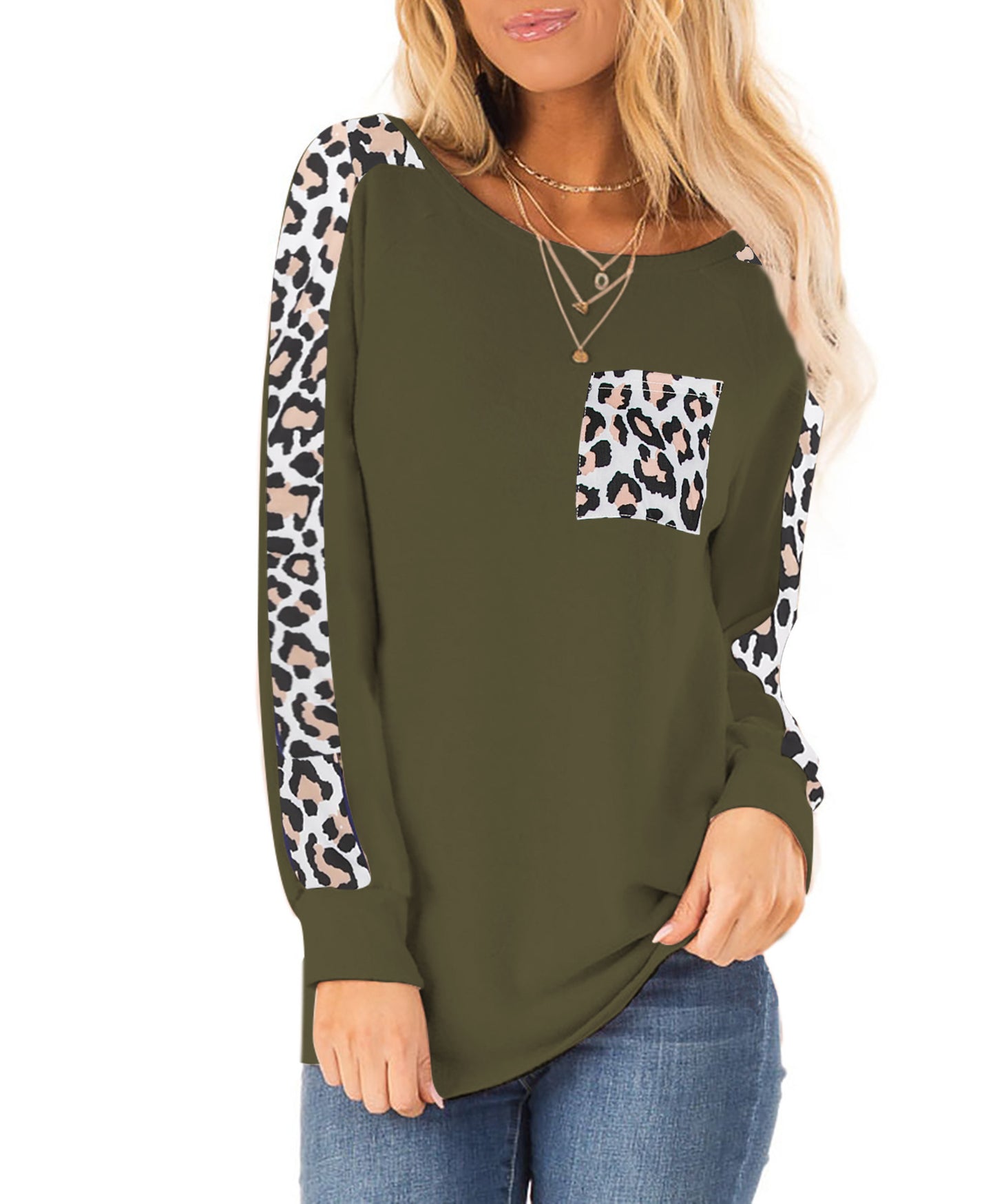 Long Sleeve Leopard Splicing Top Pocket Round Neck Pullover