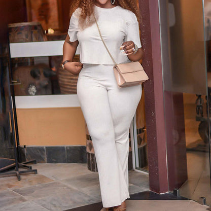 Short Sleeve Sunken Stripe Solid Color Casual Suit