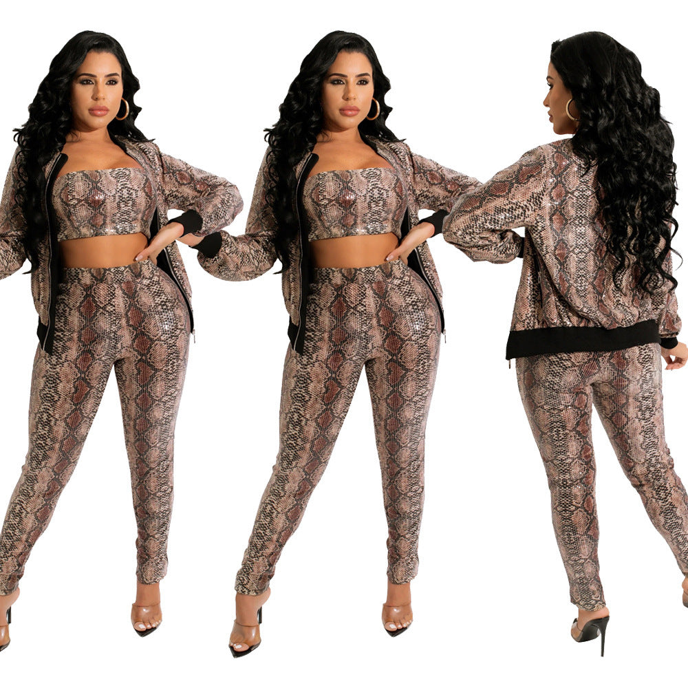 Women's Snake Print Long-sleeved Trousers Zipper Cardigan Three-piece Set