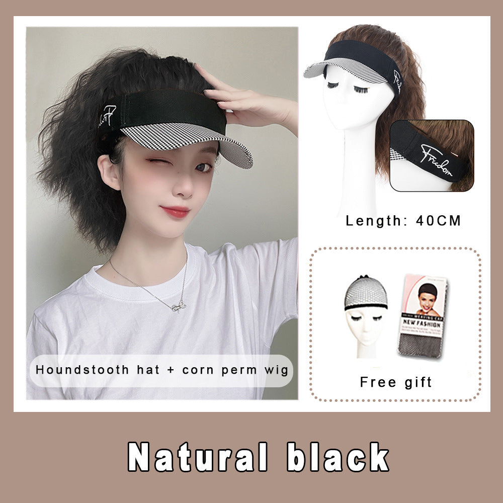 Wig Hat Integrated Women's Fashion Ponytail Wool Fiber Hair Houndstooth Cap Baseball Hat Wig