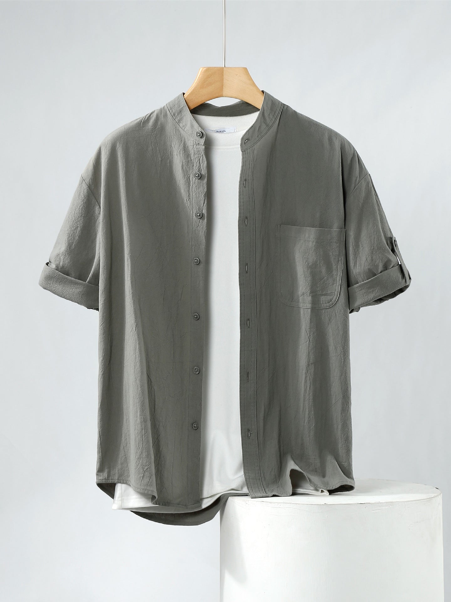 Linen Shirt Men's Short-sleeved Shirt Loose Men's Clothing Chinese Style Summer Cotton Linen Men's Solid Color Simple Stand Collar Top