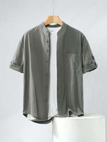 Linen Shirt Men's Short-sleeved Shirt Loose Men's Clothing Chinese Style Summer Cotton Linen Men's Solid Color Simple Stand Collar Top