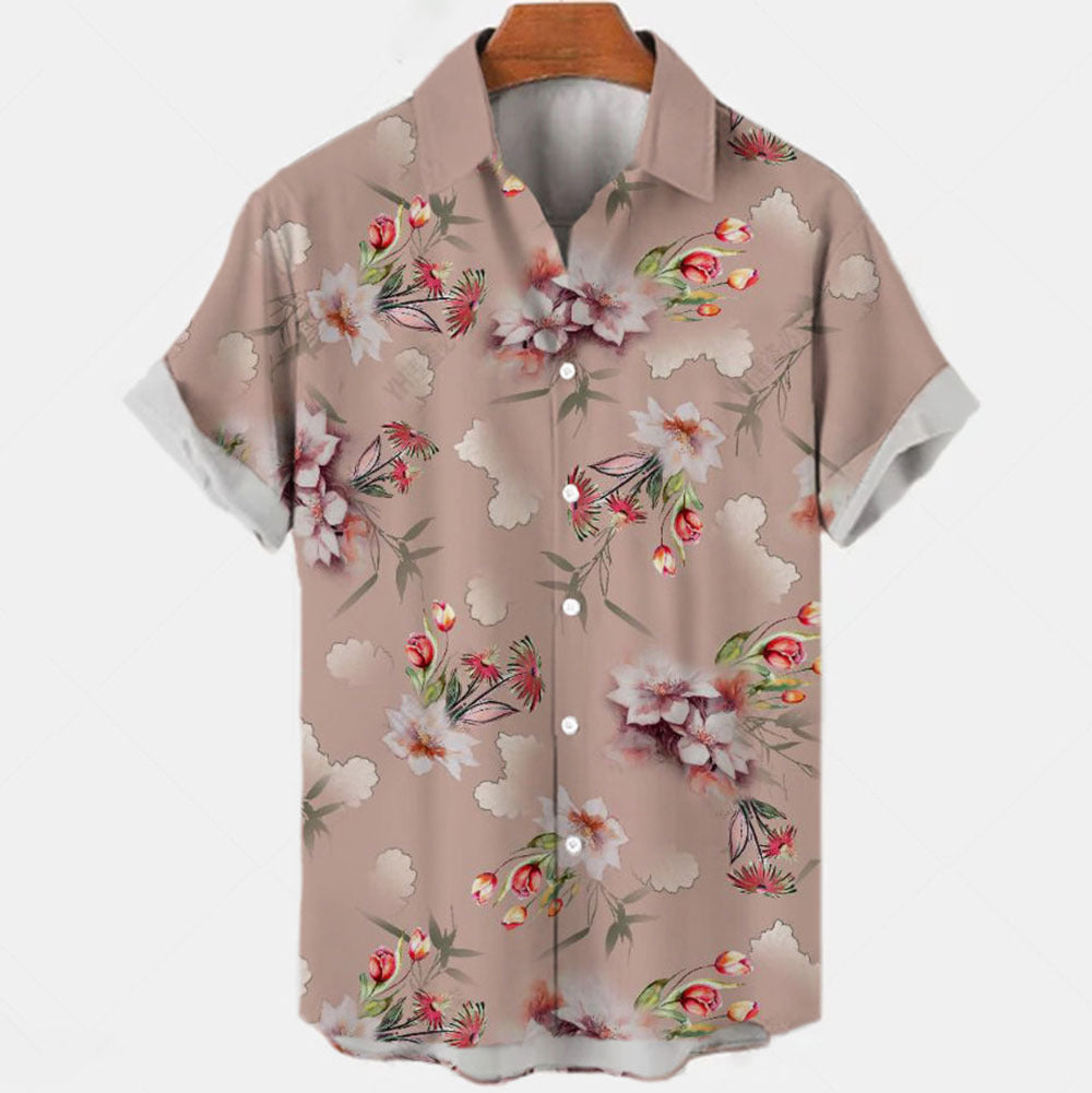 Summer New Men's Clothing Casual All-matching Fashion Trendy Printed Plant Pattern High Quality Short Sleeve Shirt