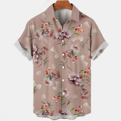 Summer New Men's Clothing Casual All-matching Fashion Trendy Printed Plant Pattern High Quality Short Sleeve Shirt