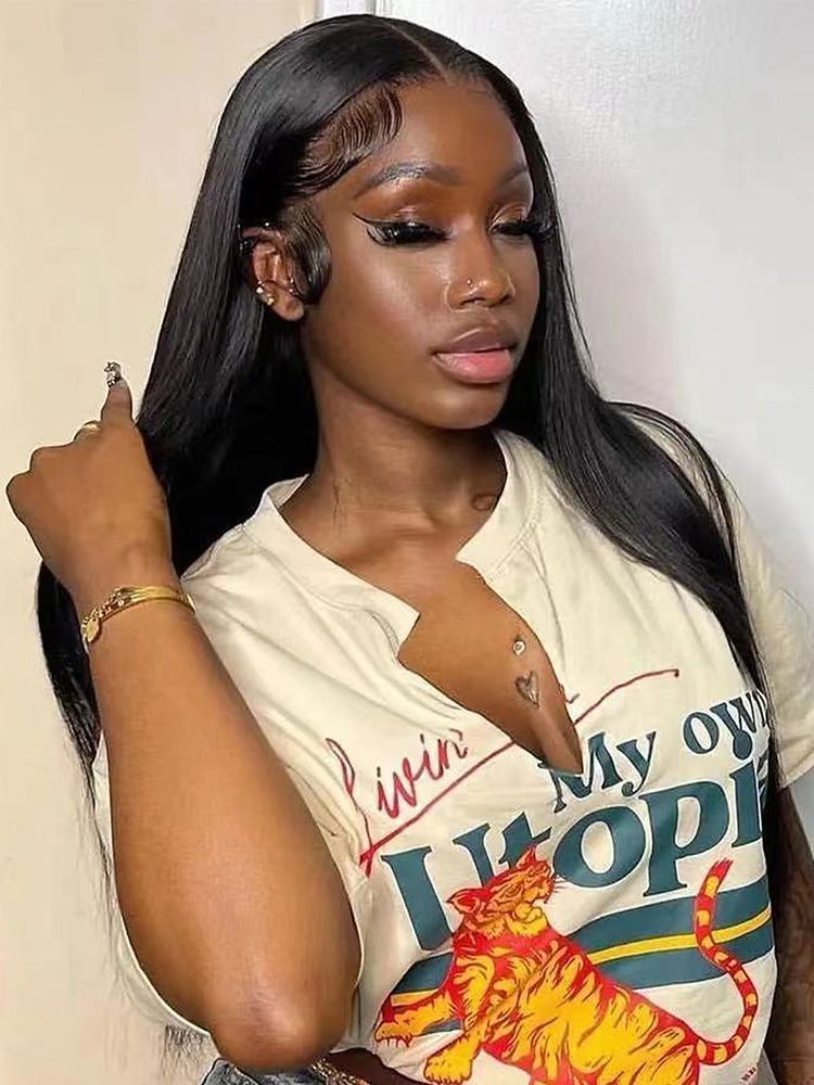 Black Medium Long Straight Hair Chemical Fiber T-shaped Front Lace Wig