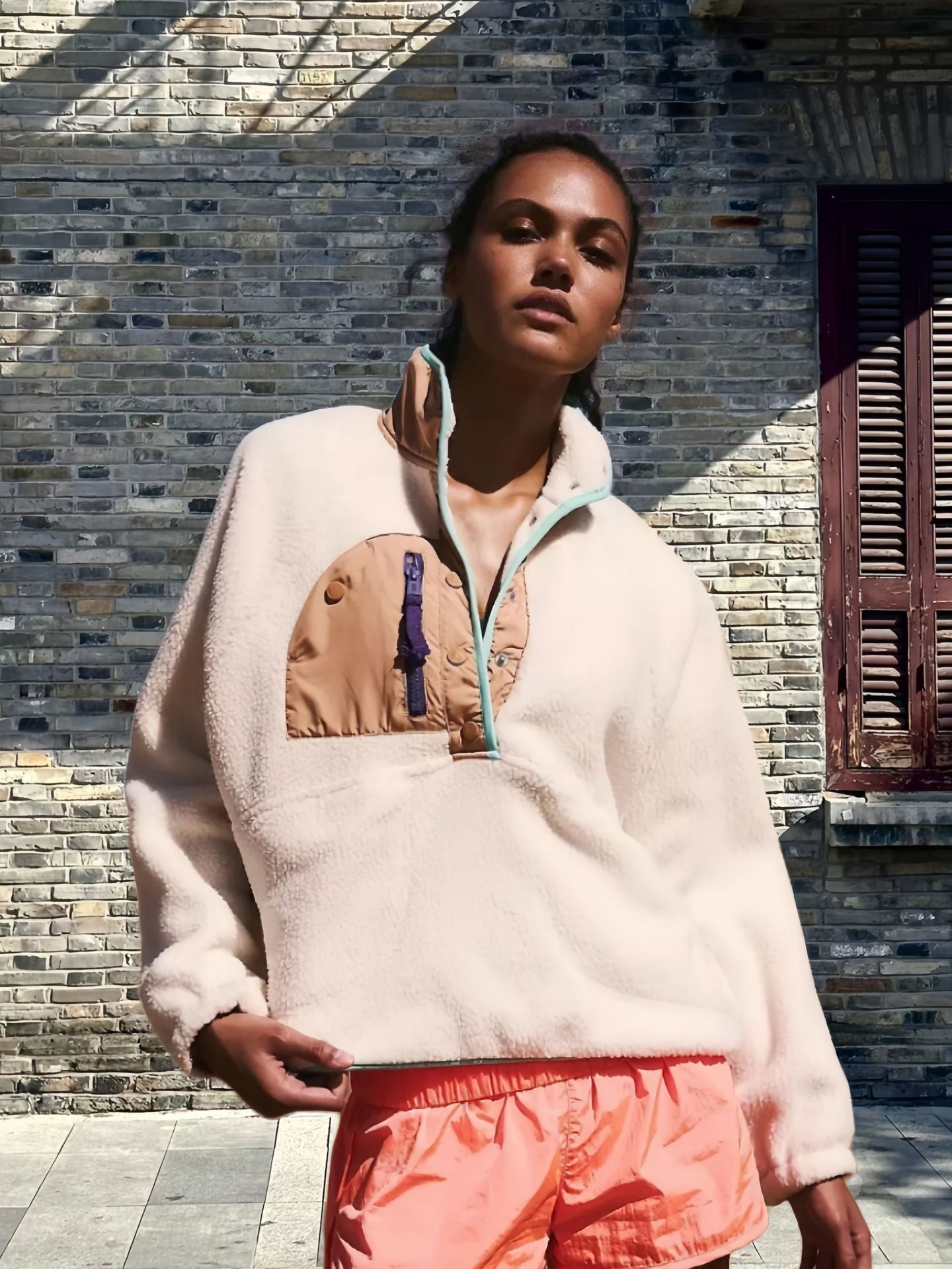 Loose Lapels Stitching Contrast Color Fleece Sweater